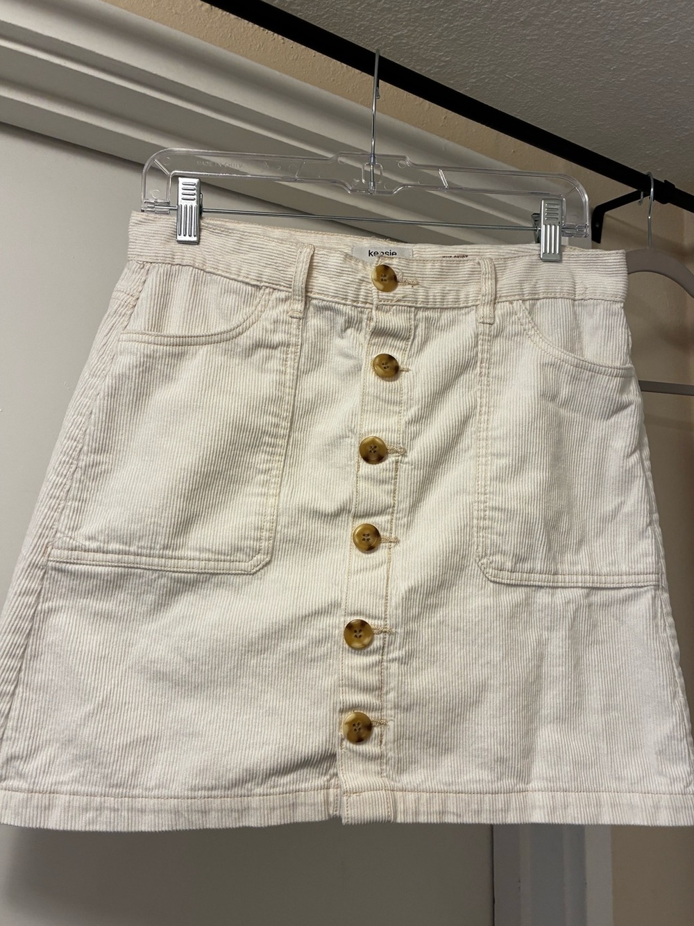 Cream Button Up Corduroy Mini Skirt with Front and Back Pockets and Belt Loops